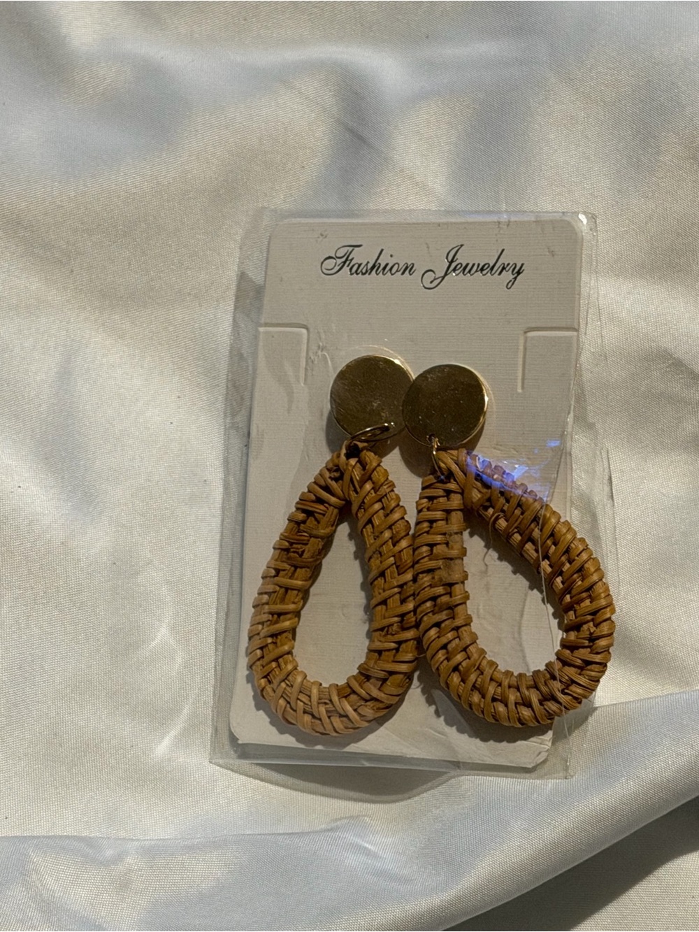 Fashion Jewelry Woven Tan Teardrop Earrings with Gold Discs